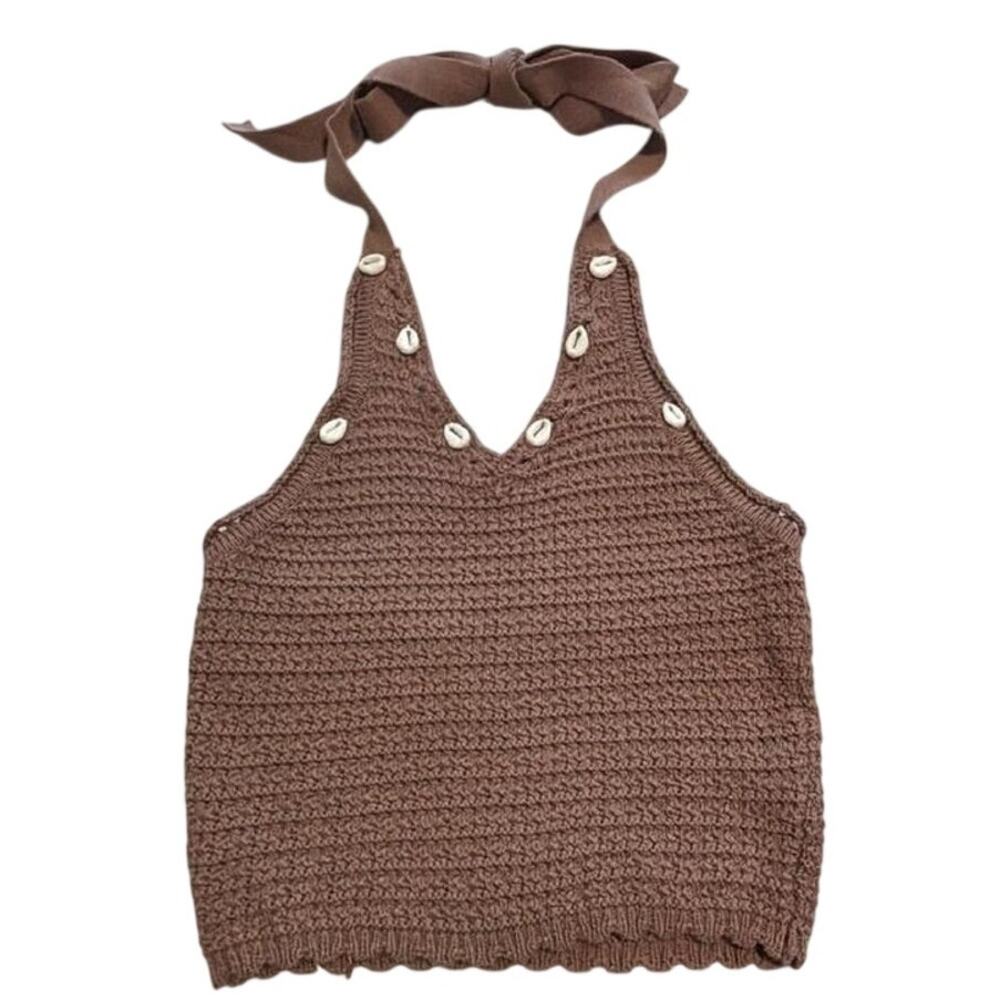 Sincerely Jules Crocheted Shell Halter Crop Top‎ Brown XS NWOT
